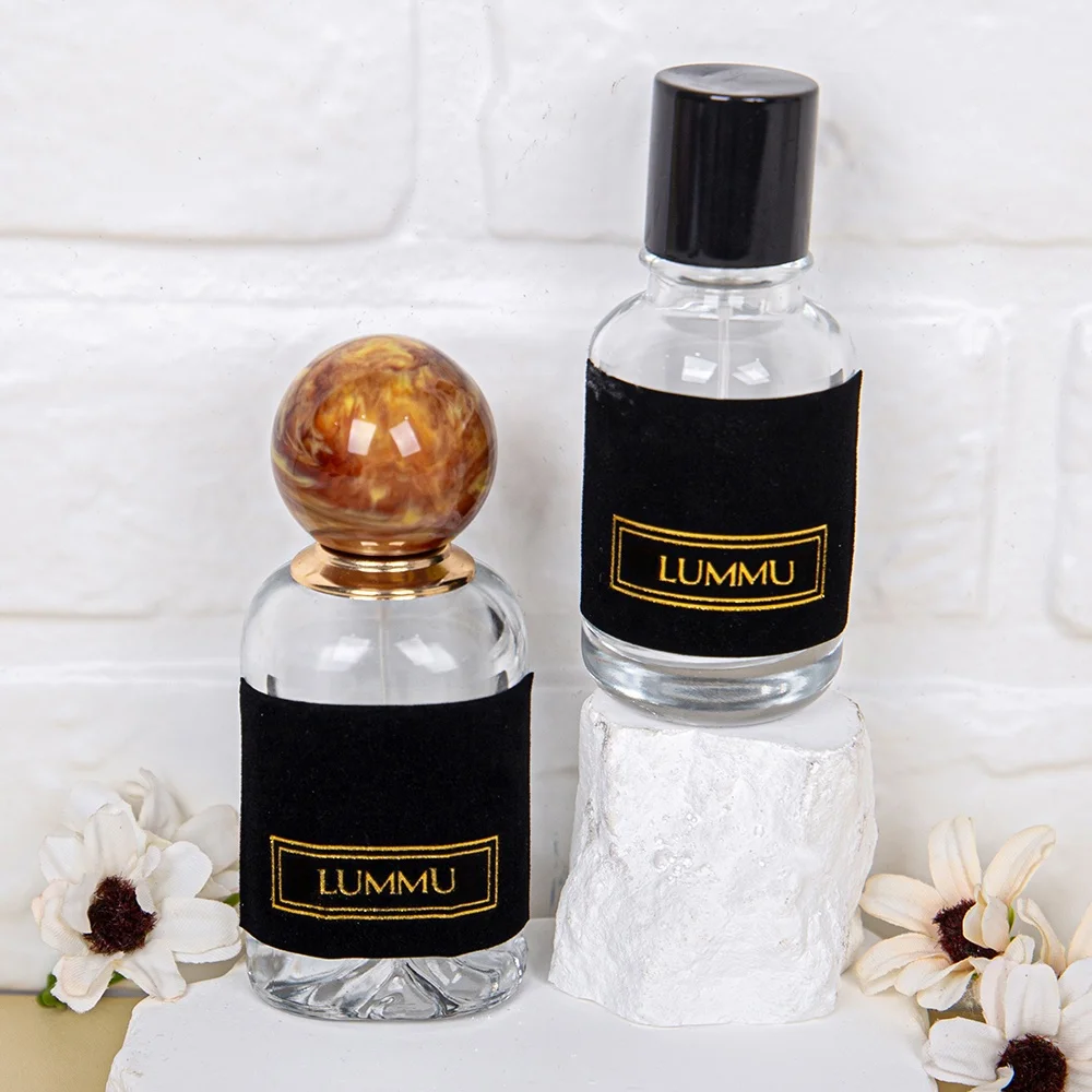 Custom Brand Logo Gold Hot Stamping Velvet Fabric Black Flocking Adhesive Sticker for Candles, Perfumes, Fragrance Cosmetics