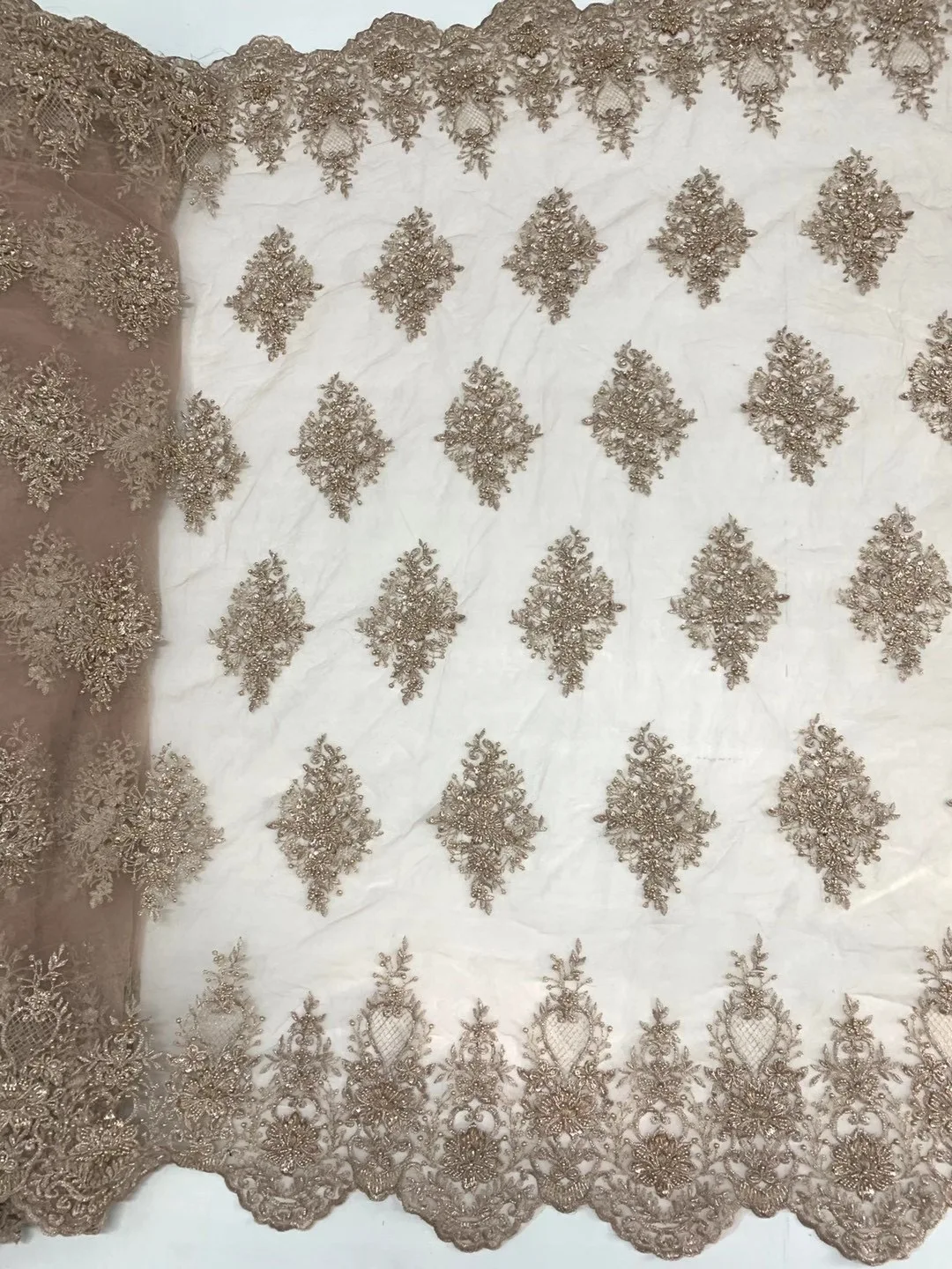 design small MOQ  haute couture  lace fabric  designs in champagne  color