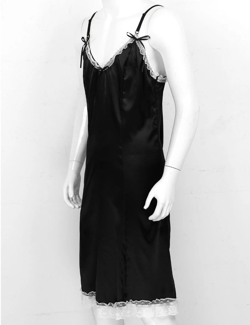 
Mens Lingerie Ruffled Lace Smooth Satin Adjustable Shoulder Straps Sissy Sleepwear Underwear Dress 