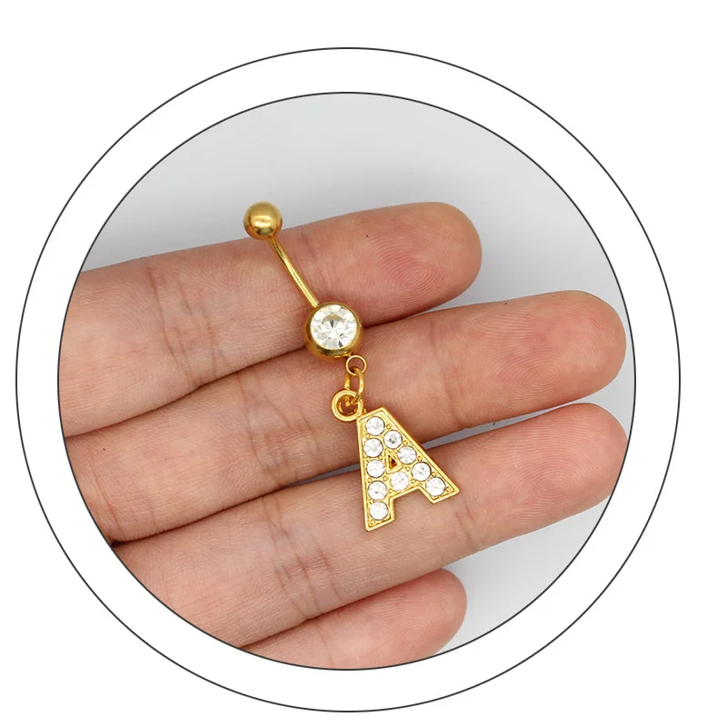 Stainless Steel Sexy Body Piercing Jewelry Ombligo Belly Button Rings Shiny Rhinestones A-Z 26 Letters Navel Piercing Ring