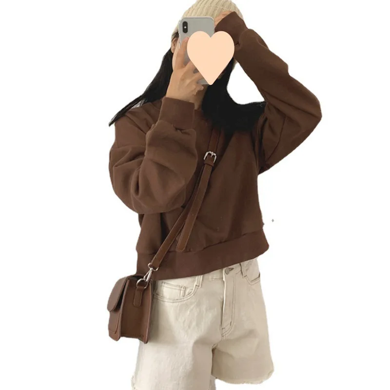 Оптовая продажа модный однотонный 100% хлопковый французский махровый свитер для осени женские укороченные толстовки с капюшоном