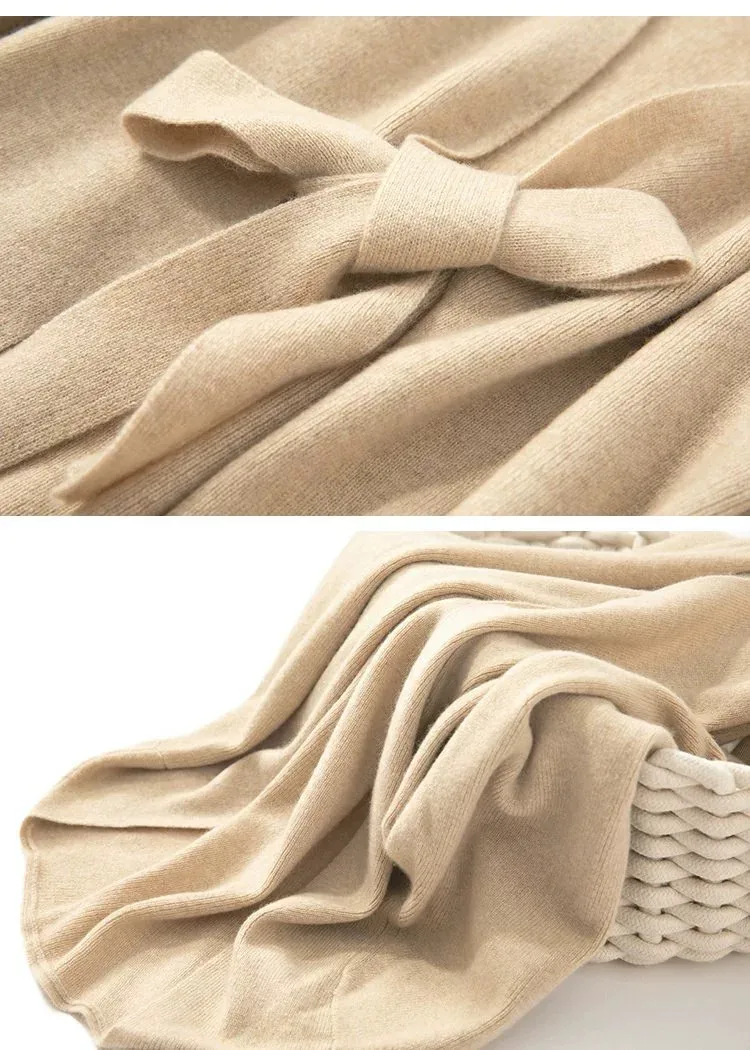 Fashion casual solid 100% Cashmere Knitted Long Sleeve Women Cardigan with blet girls clothing