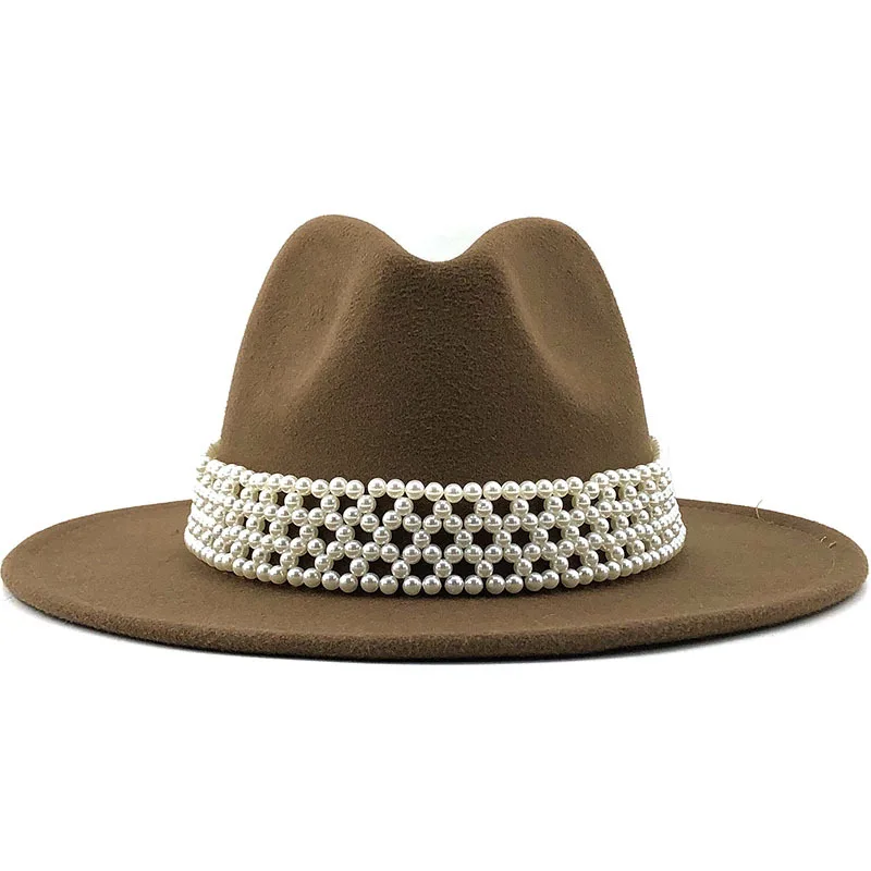 Wholesale Custom OEM Flat Brim Luxury Woolen Hat Cloche Pearl Belt Jazz Hat