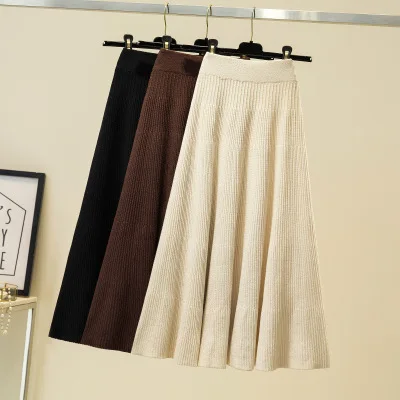 New autumn and winter knitted skirt women mid-length a-line skirt high waist plus size fat mm thin woolen skirt for women