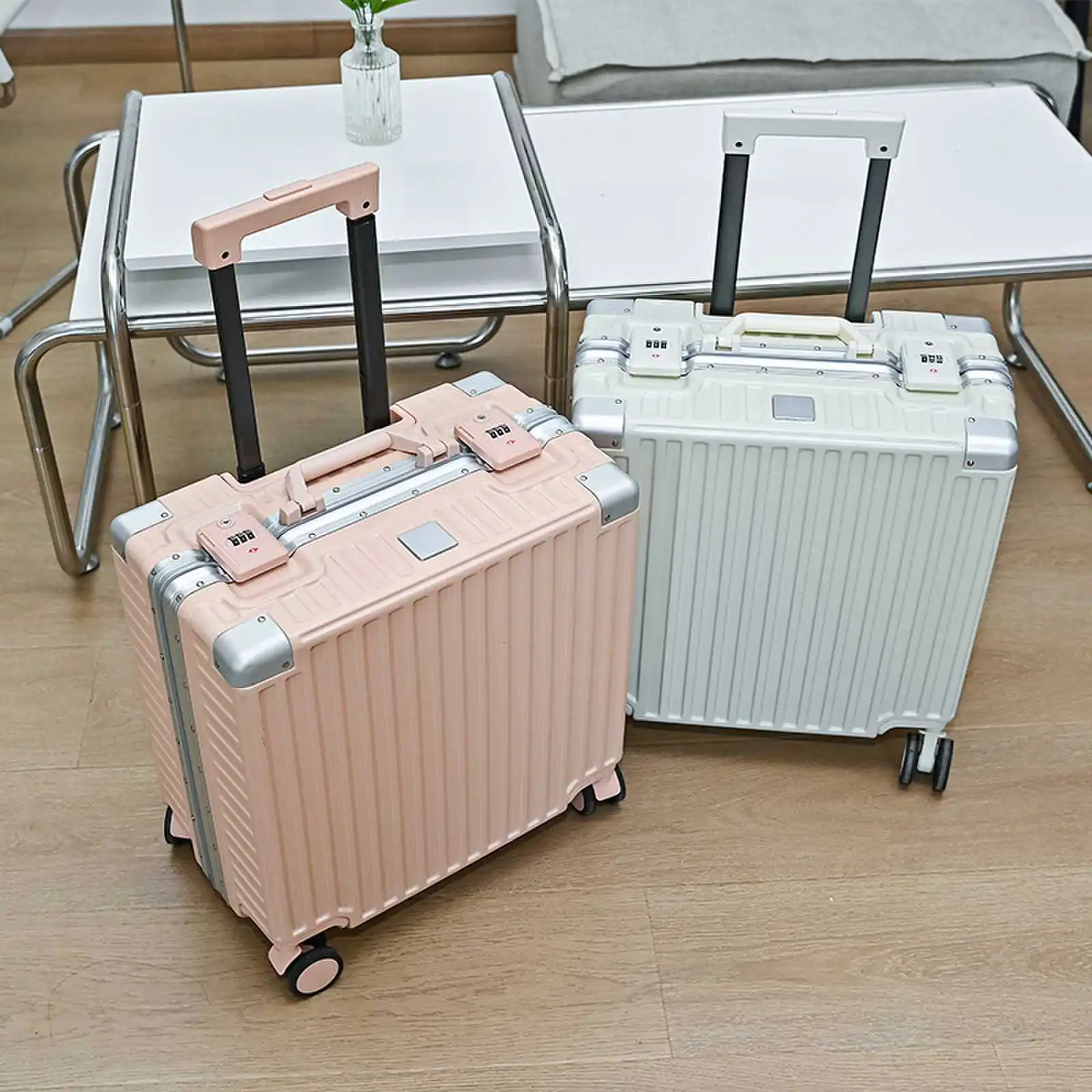 Unisex 18-Inch Small Boarding Trolley Case Lightweight Aluminum Frame Student Suitcase Spinner Caster ABS Material Airplane Use