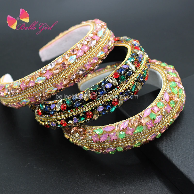 BELLEGIRL 2022  handmade Colorful Baroque Full Pearl Crystal Headband Luxury Shiny Padded Diamond Hairband Hair Accessories