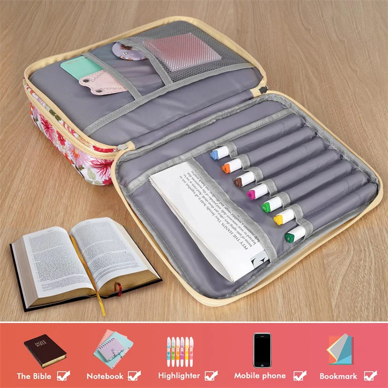 2 Layers Bible Case For Girls Large Floral Bag With Multi-pockets Bible Carrying Case Bible Cover For Women