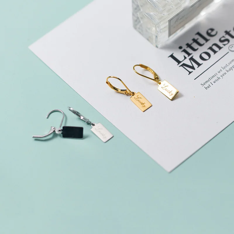 Stylish Personalized Lucky Charm Earrings Gold Plated S925 Sterling Silver Jewelry For Women Rectangle Etch LUCKY Drop Earrings