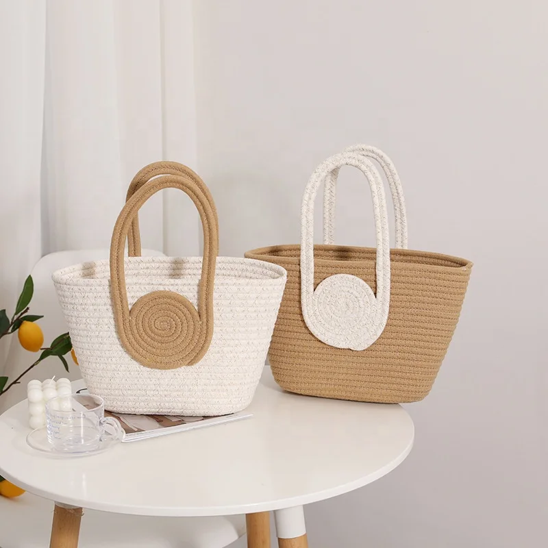 FSP115 New Stylish Multicolor Cotton Rope Woven Crochet Summer Beach Tote Handbag Portable Leisure Knitting Thread Storage Bag