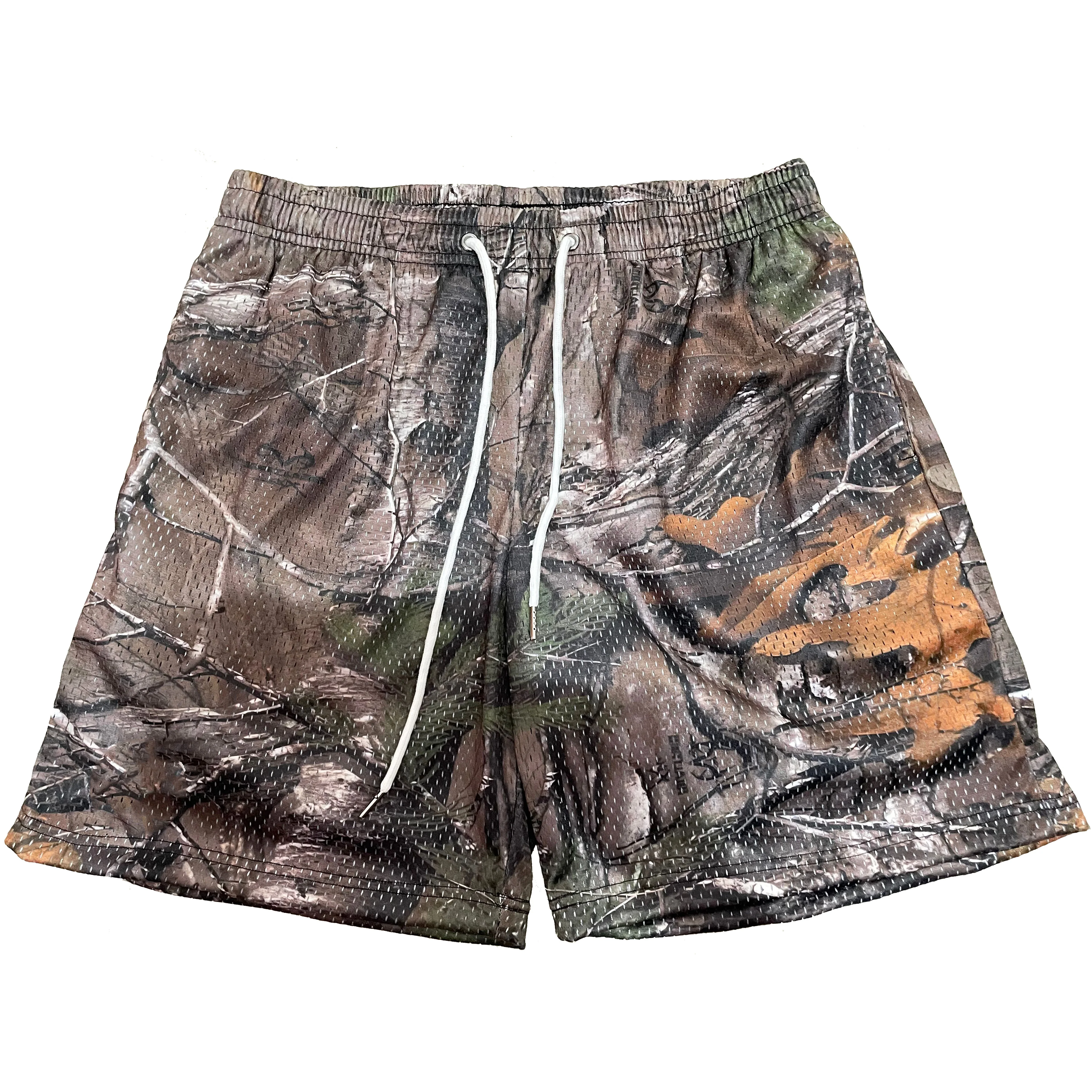 High quality custom logo 5 inch inseam manufacturer wholesale casual polyester sublimation men real tree camo forest mesh shorts