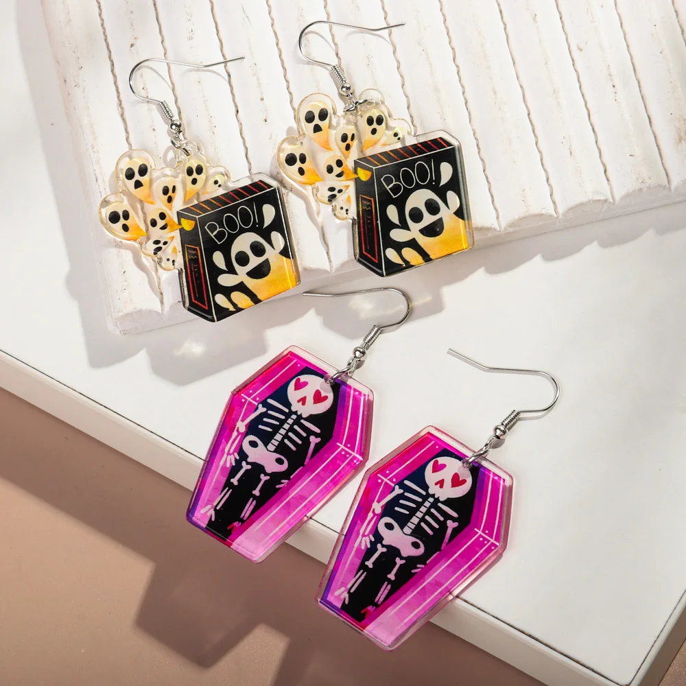 Wholesale Double Sided Print Resin Earring Scary Tombstone Halloween Ghost Skeleton Witch Castle Acrylic Fishhook Earrings Women