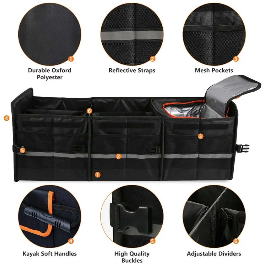 Custom Extra Large Capacity Multi-compartments Foldable Collapsible SUV Car Trunk Storage Organizer Box with Cooler Bag