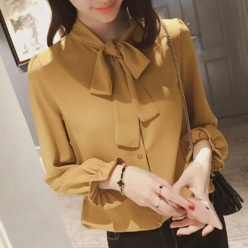 Women Pure Color Elegant White Shirt Fashion Chiffon Bow Tie Shirt
