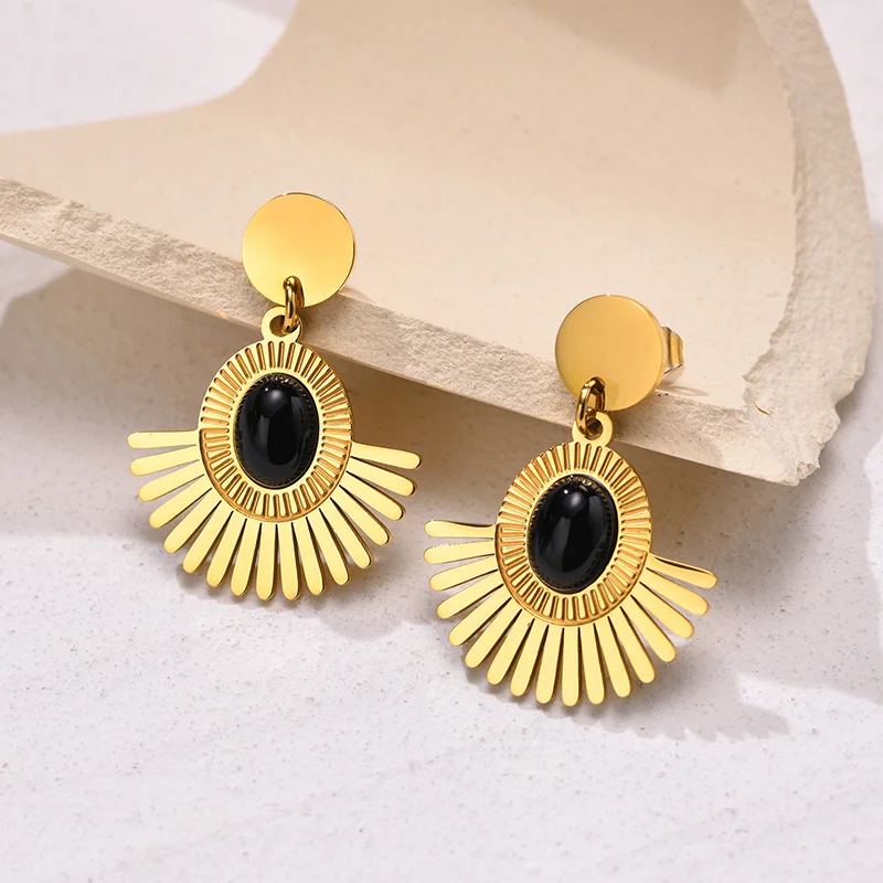 Wholesale Vintage Natural Stone Stainless Steel Statement 18K Gold Black Agate Sun Flower Onyx Drop Studs Earrings for Women