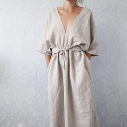 New Design midi dress with pockets 100% linen trendy loose deep v neck oatmeal 3/4 sleeve elastic waist ladies midi casual dress
