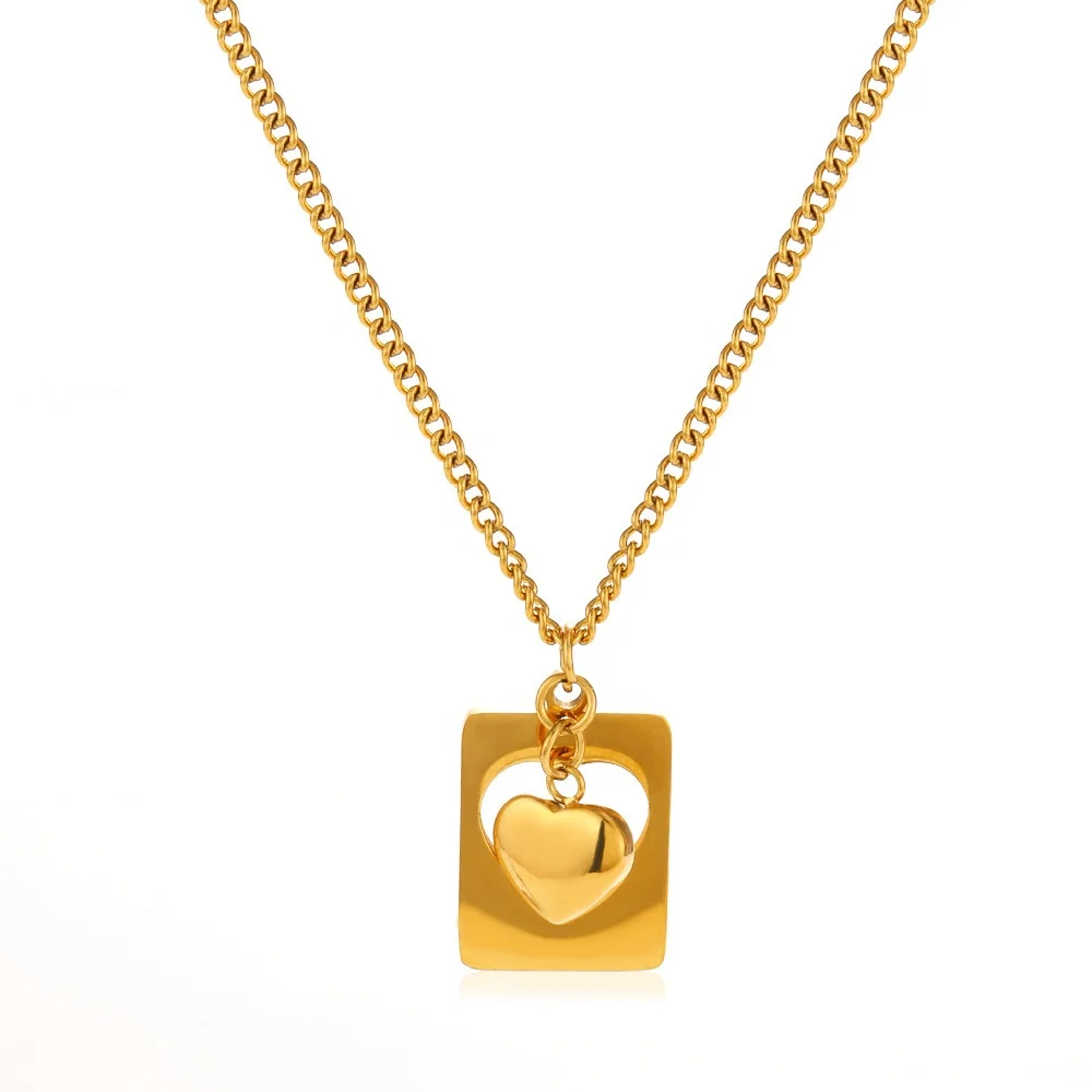 18k Gold Plated Heart Pendant Necklace For Women Gift Square Necklace Fashion Simple Fine Necklace Stainless Steel Jewelry