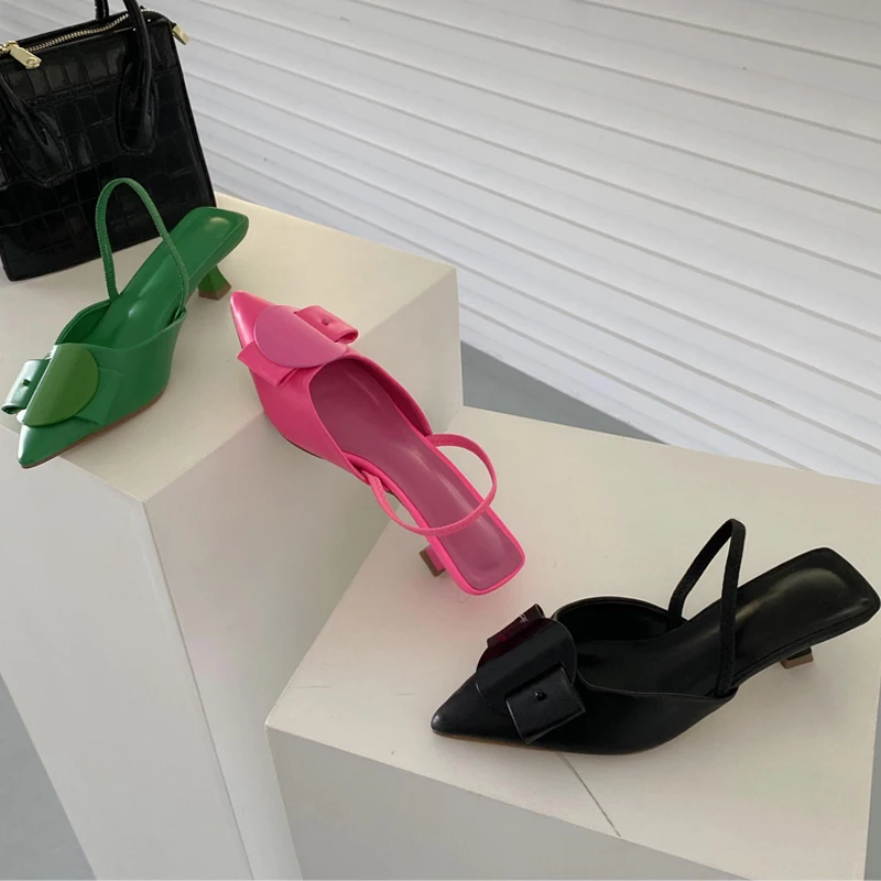 New Fashion 2022  Women Pointed Toe Low Heel Butterfly-knot Buckle Slingback Mules Ladies Casual Office Pumps Shoes