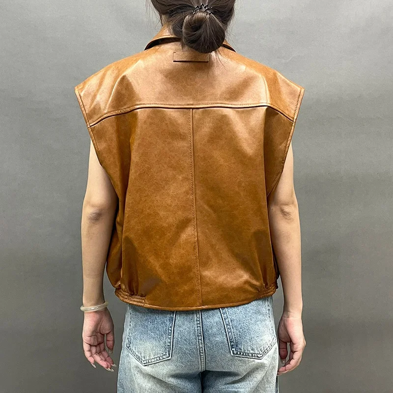 Custom Sleeveless Solid Leather Waistcoat Genuine Sheepskin Leather Vest Women With Two Pockets