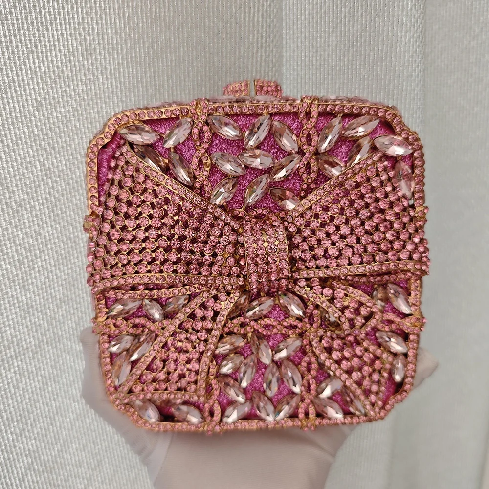 New Luxury Metal Evening Clutch Bags Bow Square Shape Rhinestones Party Purses Handbags Handmade Evening Bag Clutches For Ladies