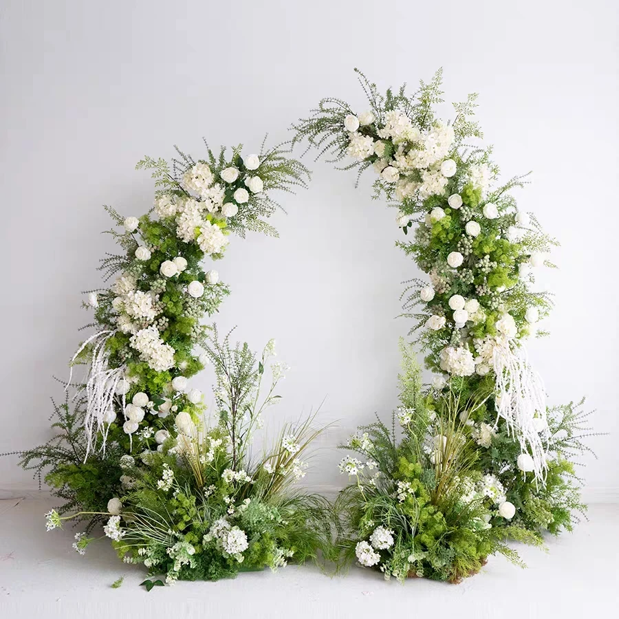 Custom Wedding Green Wild Flowers Artificial Silk White Roses Floral Greenery Arch Backdrop Event Arches for Birthday Party