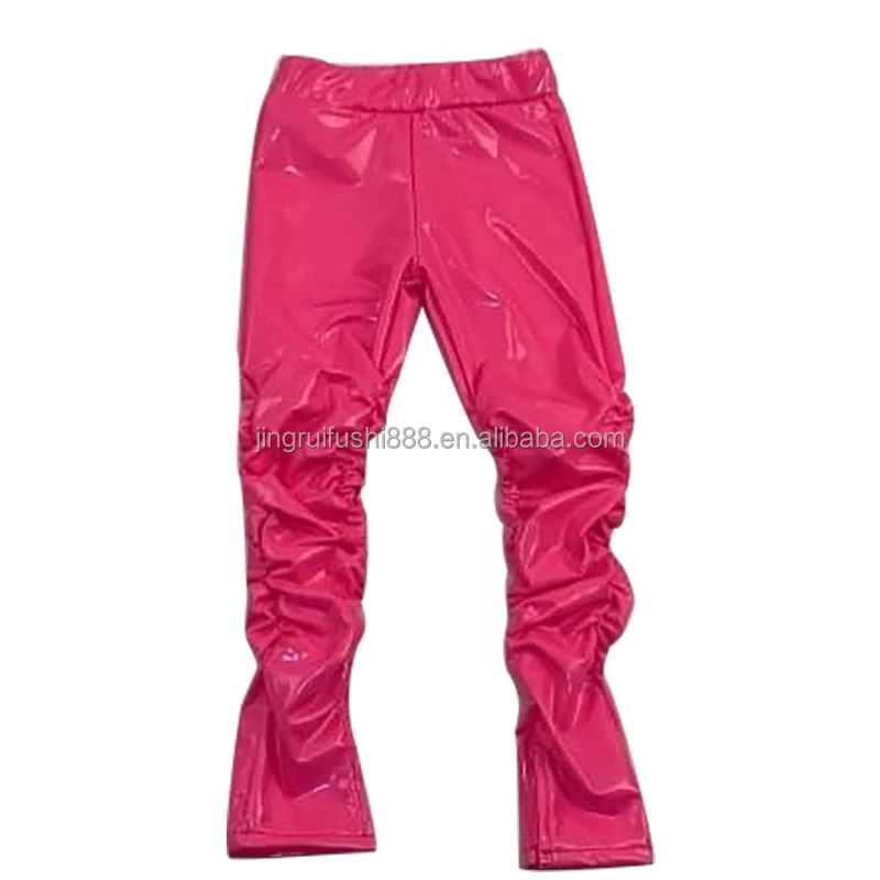 New Arrival Toddler Girls Faux Leather Stacked Leggings Pants Wholesale Kids Children Wrinkled Trousers