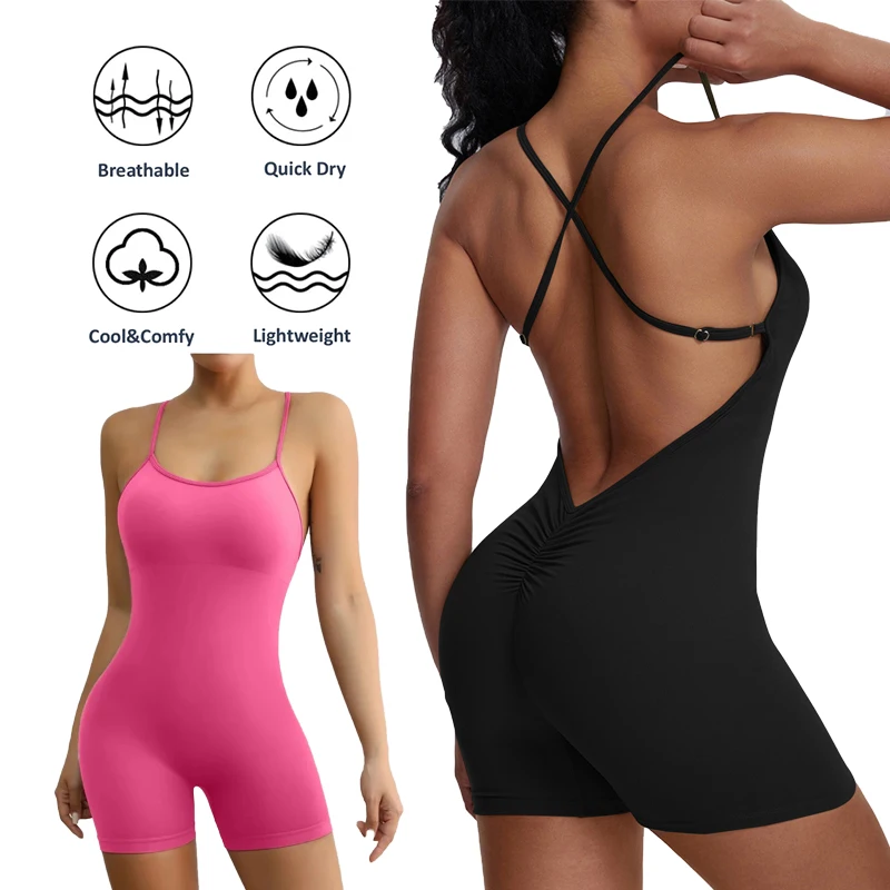 Ladies New Yoga Pilates Fitness Clothes Shorts Gym Jumpsuits for Women, Cross Back Seamless Pole Dance Leotard Workout Romper