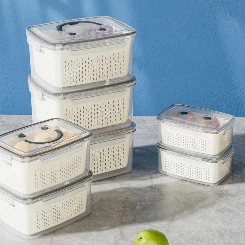 Vegetable Fruit Fresh Produce Fridge Refrigerator Fresh-keeping Storage Box Containers With Grid Strainer Drain Basket Crisper