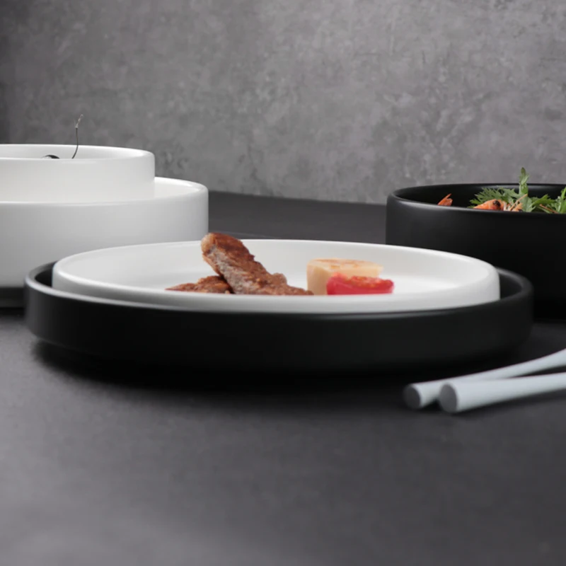 Guangzhou Factory Porcelain Plate Set Black White Dinnerware Plate Set Ceramic Wholesale Dinner Plate