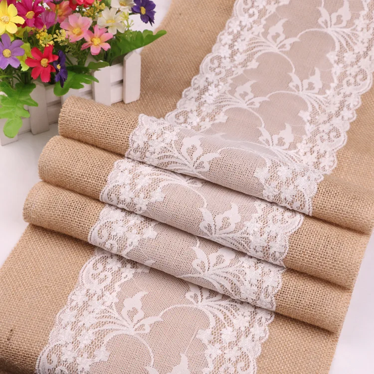 Boho style 30cm wide cheesecloth dining room burlap jute dining table runner with lace home decoration