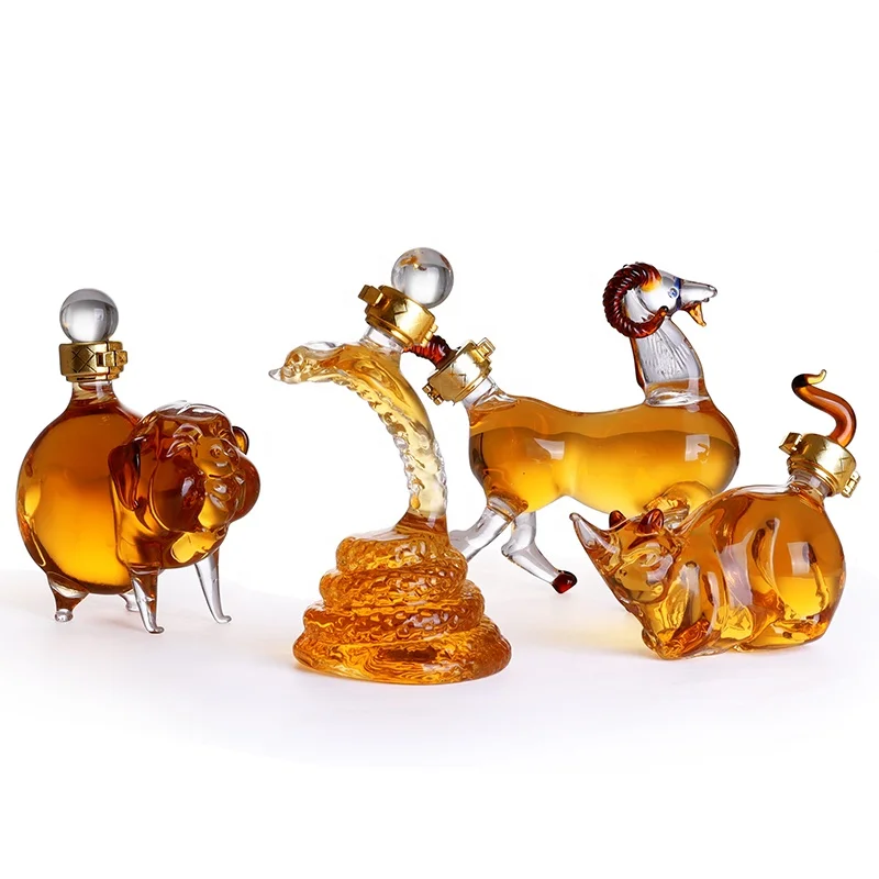 Chinese Zodic Animal Cartoon Whiskey Decanter Glass Art Bottle Customized Glass Dragon /Animal Shaped Liquor Wine Bottle