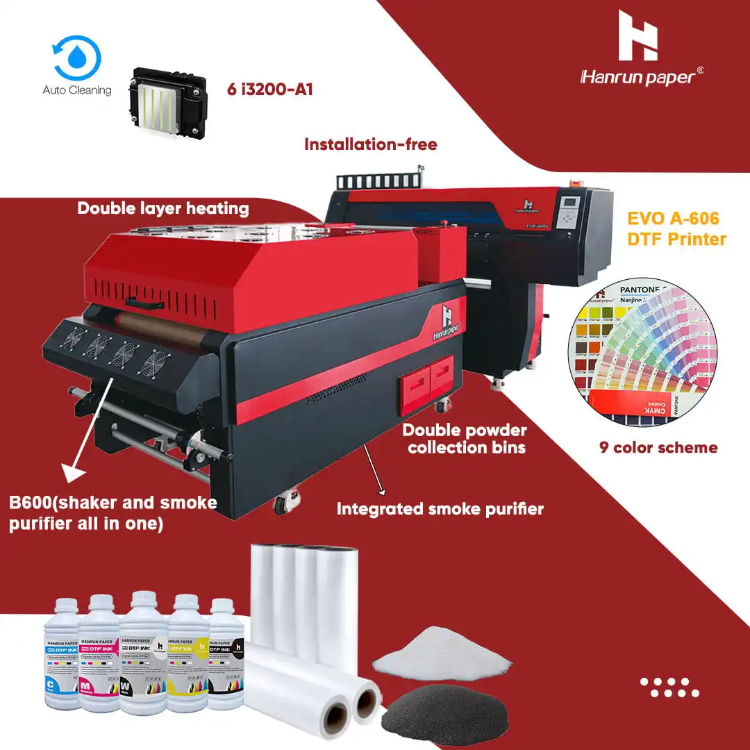 Hanrun paper 6pcs epsn i3200A1 heads 60cm 6 head dtf printer 9 color with shaker and oven