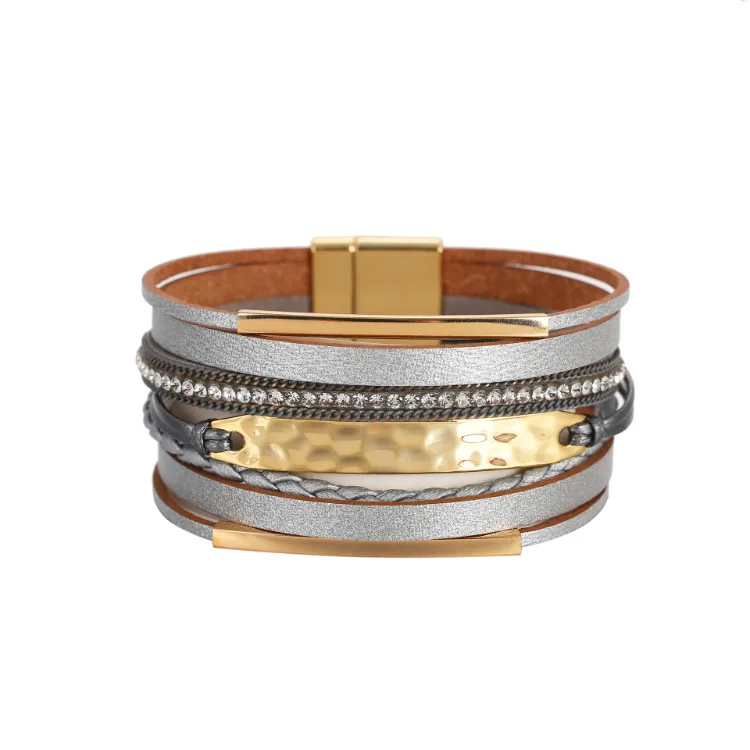 Personalized Women Magnetic Clasp Metal Charm Leather Bracelets Hot Multi Layered Rhinestone Crystal Wrap