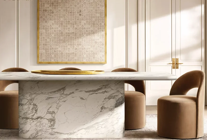 LANDIVIEW Luxury Square Dining Table Arabescato Marble Travertine Console Table Natural Stone Furniture