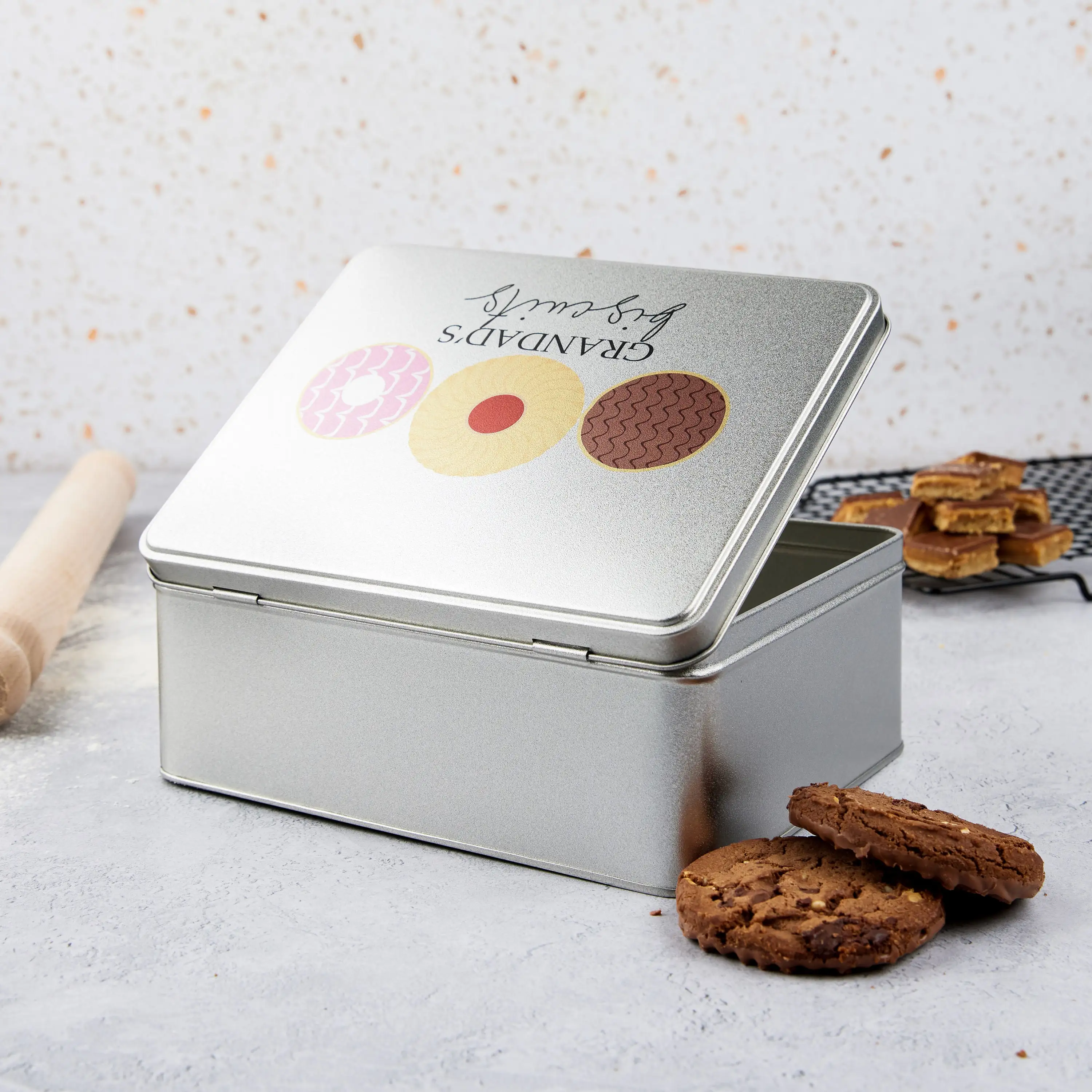 Custom sweet cake cookies packaging airtight tin rectangular cookie biscuit tin hindged tin box plain with print
