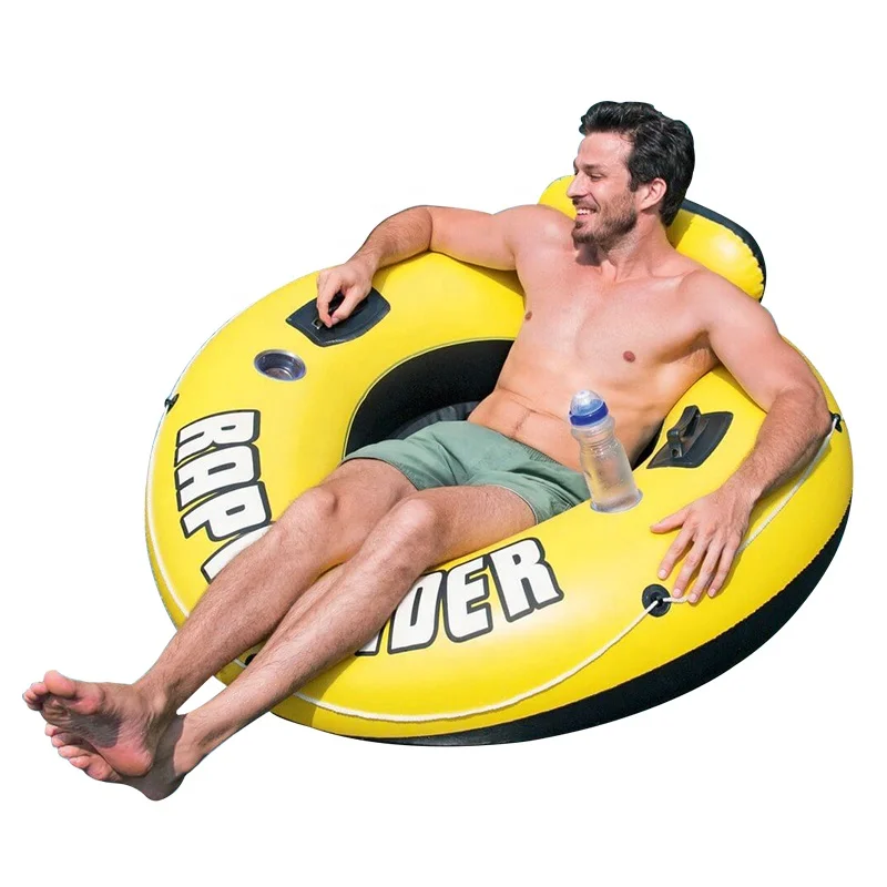 Yellow one person swimming pool float lounger water run tube chair Rider Inflatable outdoor with two handles and water holder