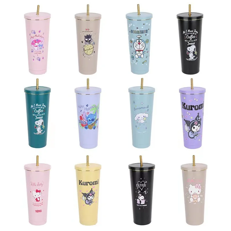 304 Stainless Steel Cartoon Thermos Cup Cute Sanrio ins Wind Straw Cup Vacuum Double Layer Large Capacity Car Cup