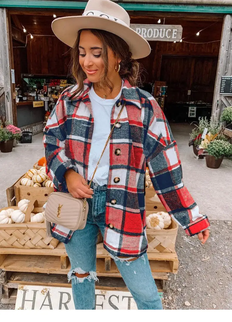 2022 Wholesale Women Clothes Outdoor Jacket Women Plaid Shacket Ladies Flannel Jacket