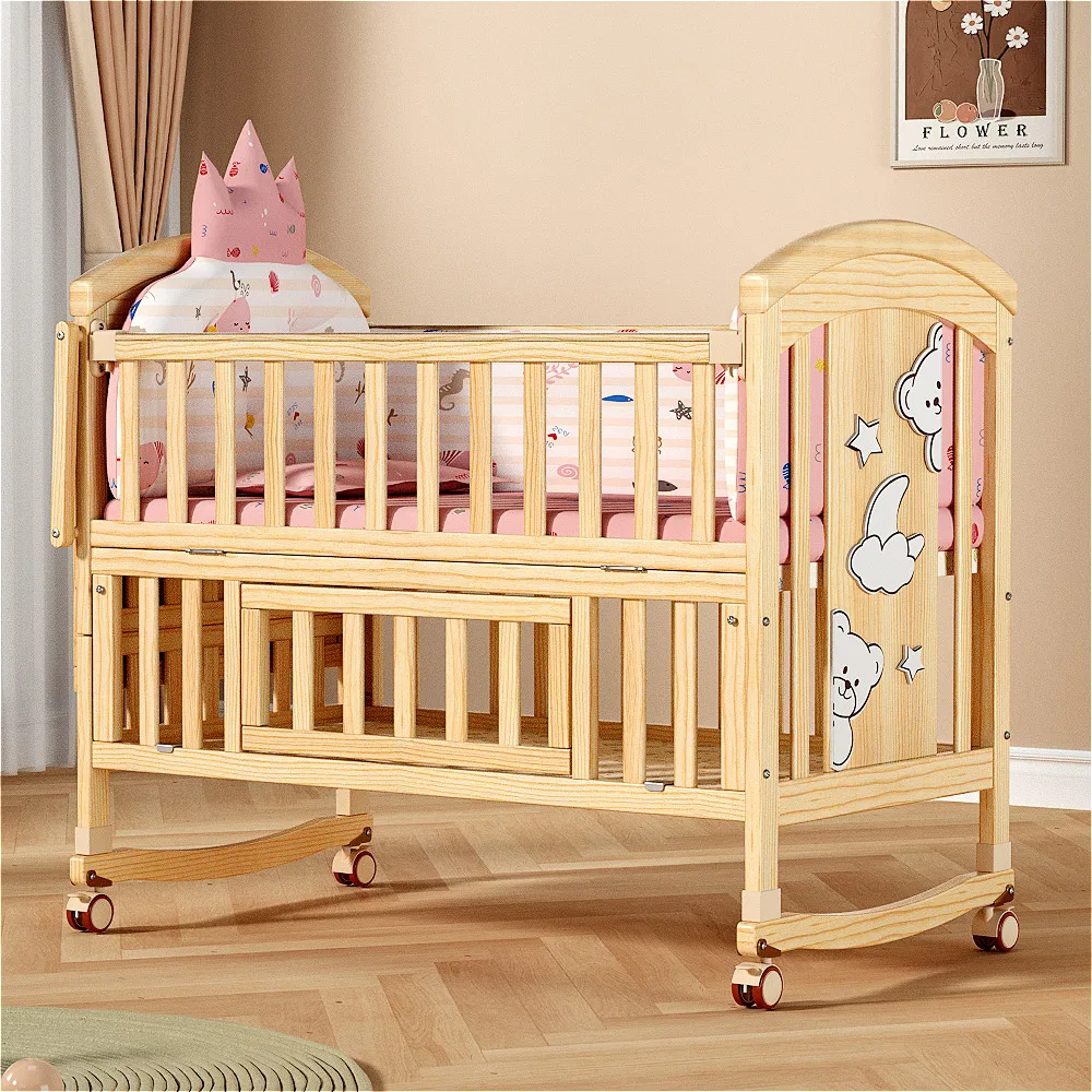 New Multifunctional Bedside Cot Bed Solid Wood Wheels Cribs For 0-6 Years Old