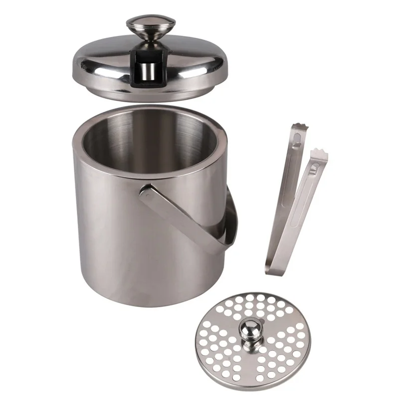 Portable Double Wall Stainless Steel Wine Cooler Ice Bucket With Lid and Tongs