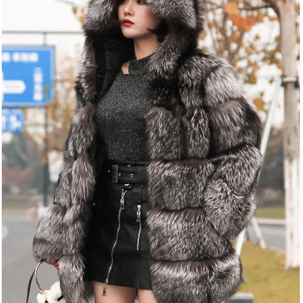 Womens Luxury Real Fox Fur Jacket Fashion Women Outdoor Winter Coat Genuine Fur Hooded Coat With Fur Hood