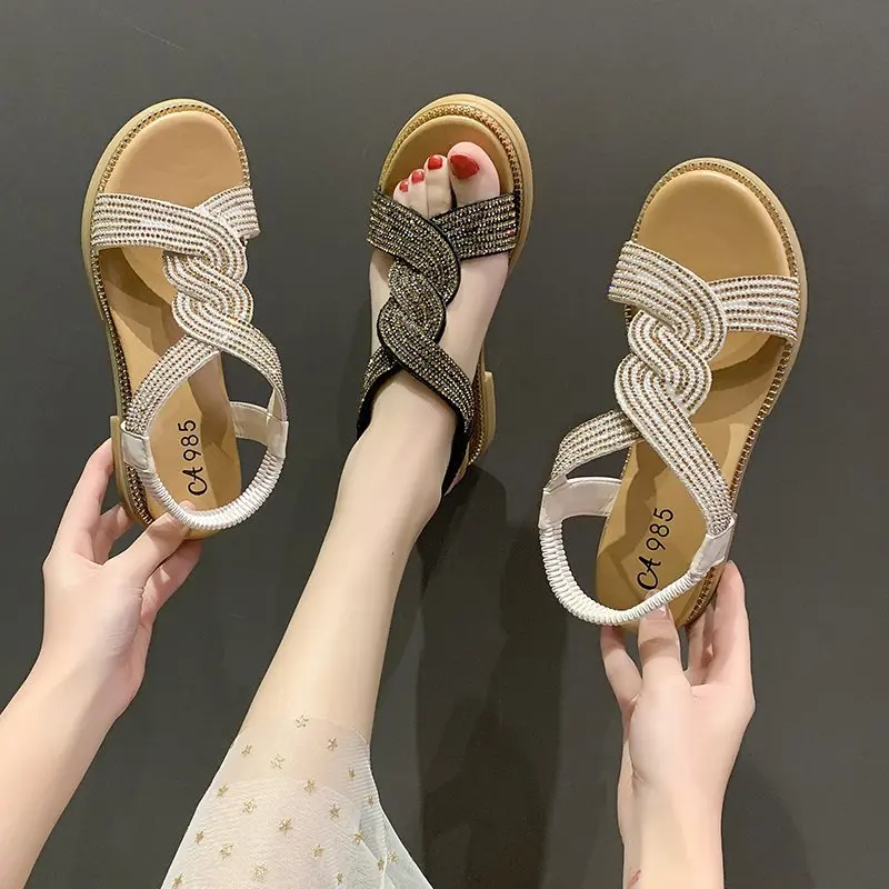 2022 new design summer lady Korean fashion slip-on muffin middle-heeled women casual sandals mama shoes with water diamond