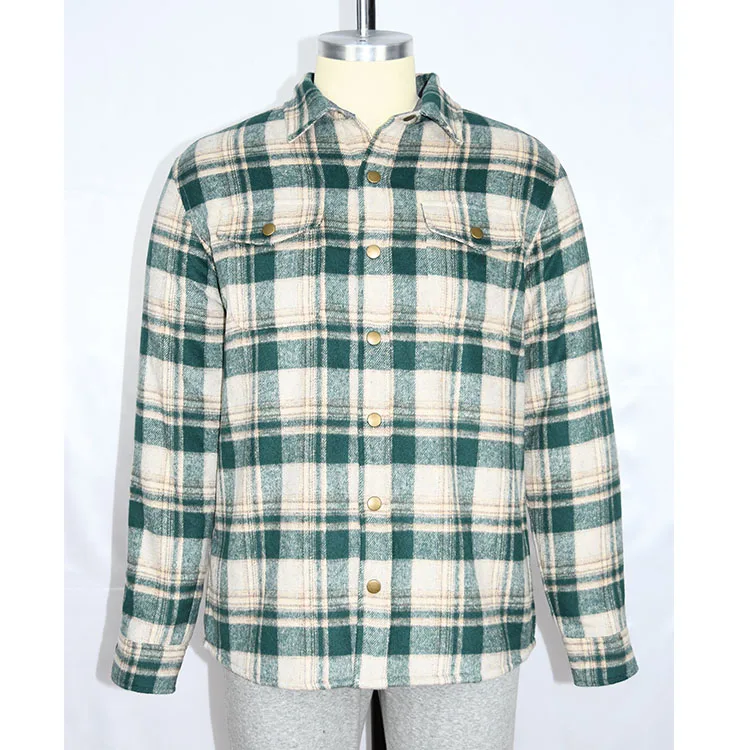 MENS HEAVY WINTER SHIRT IN HEAVY WOVEN POLY WOOL FLANNEL AND LINED UP WITH SOFT SHERPA  GREEN GEIGE PLAID