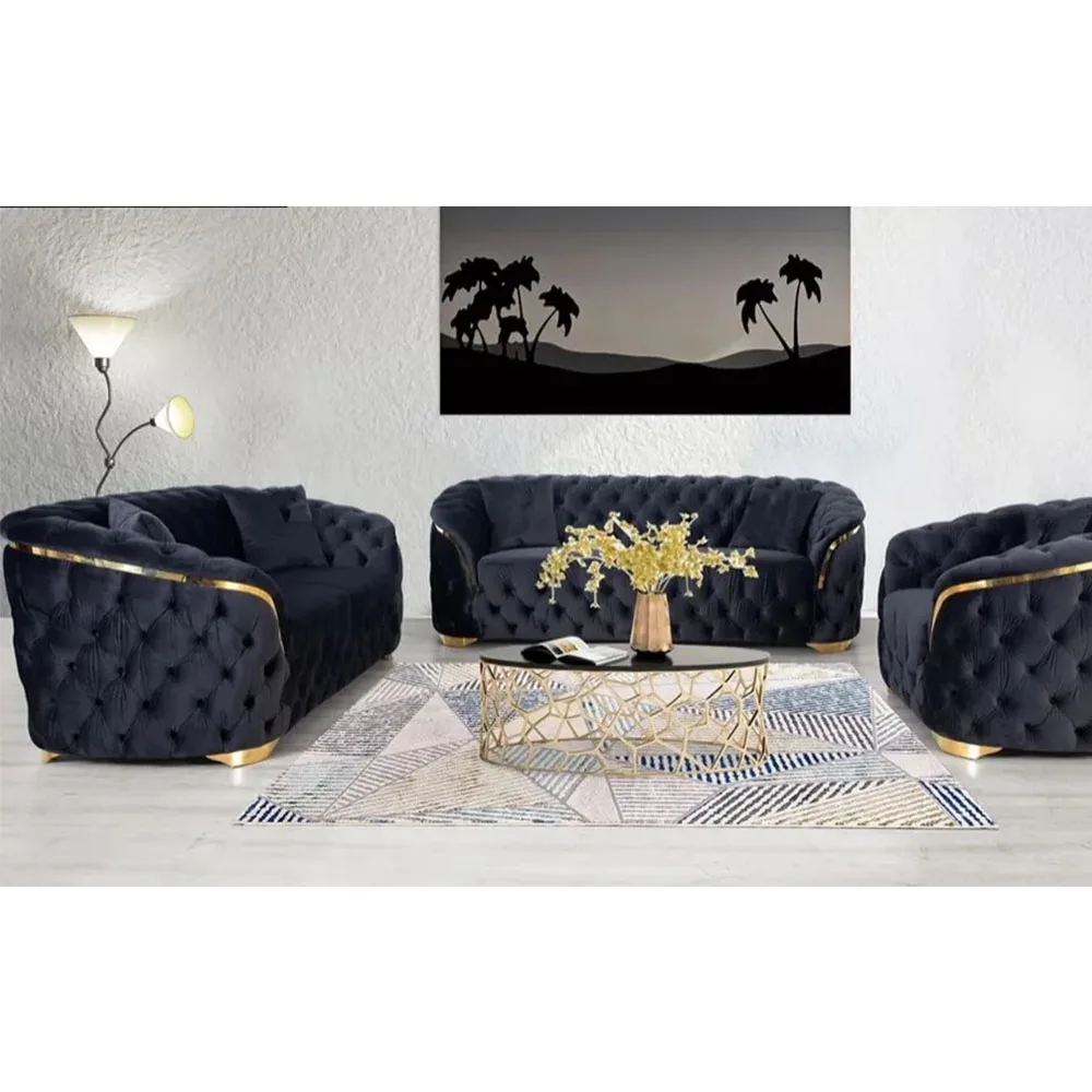Top grade new metallic leg 3+2+1 black velvet tufted modern living room sofa set design