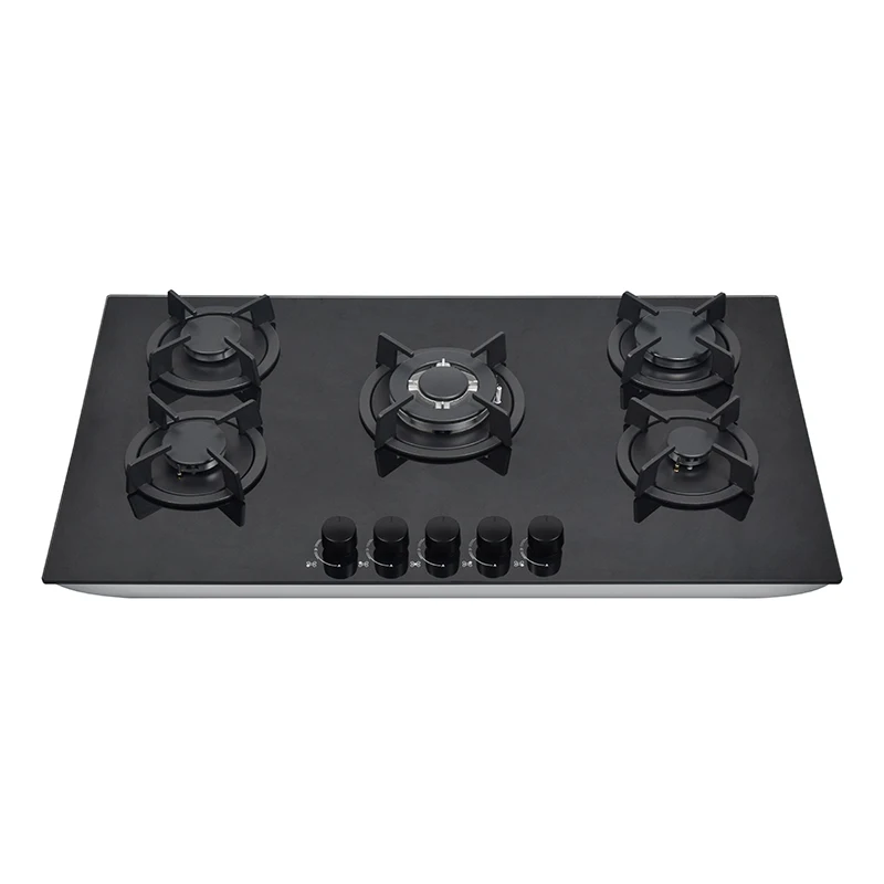 34 inches 5-Burner Gas Stove Built-In Black Tempered Glass Cast Iron Cooking Gas Cooker Surface Household Hotel Use