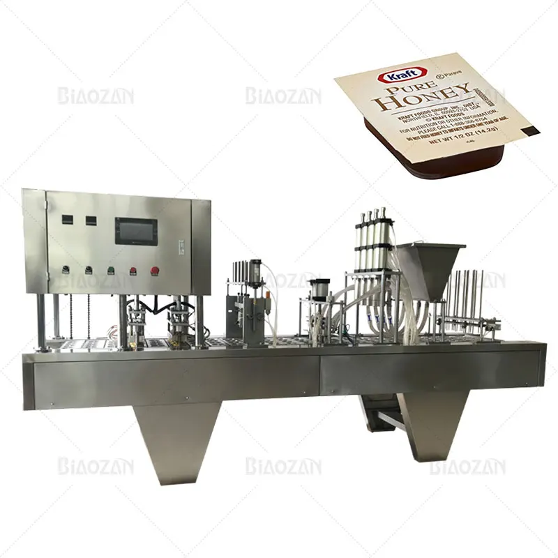 Automatic 4 Nozzles Cup Filling and Sealing Machine for Different Shapes of Jelly Yogurt Water Honey Sauce