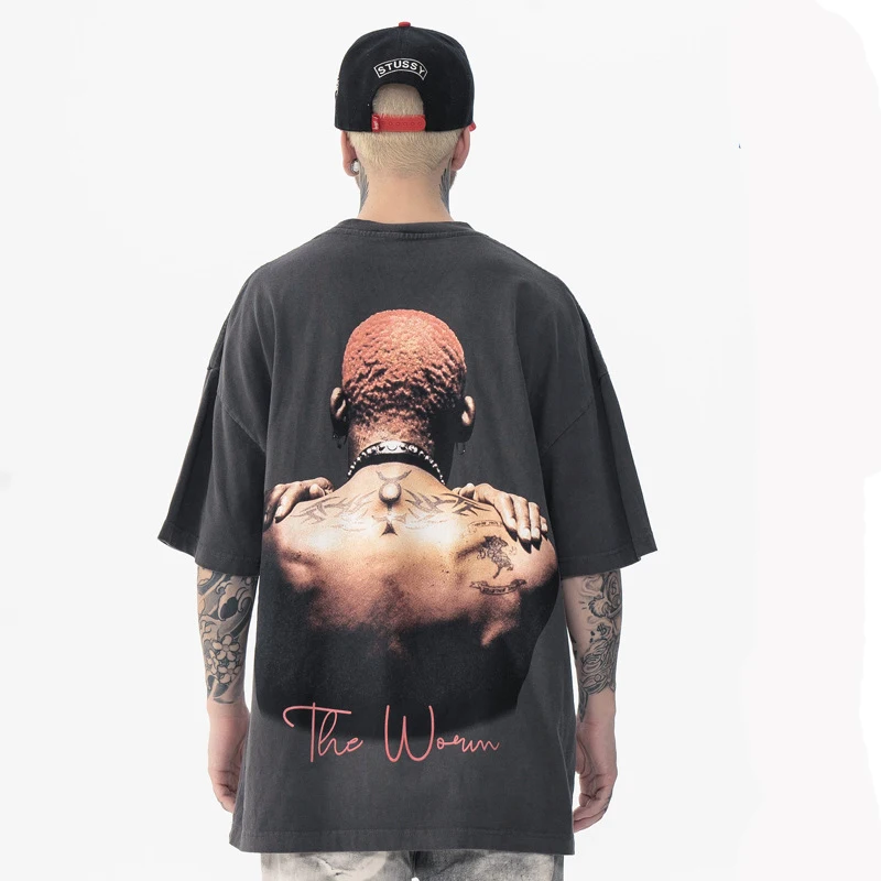 European and American vintage washed and distressed big bug Rodman printed short sleeve t-shirt