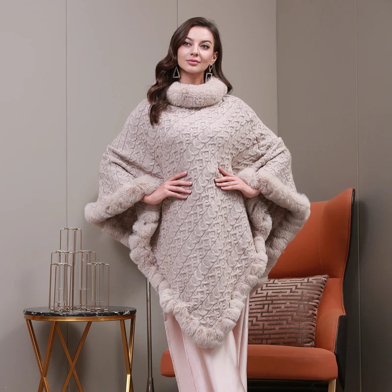Лучшее качество, женская зимняя кашемировая вязаная накидка, Однотонный свитер, вязаное крючком пончо, шаль с отделкой из искусственного меха
