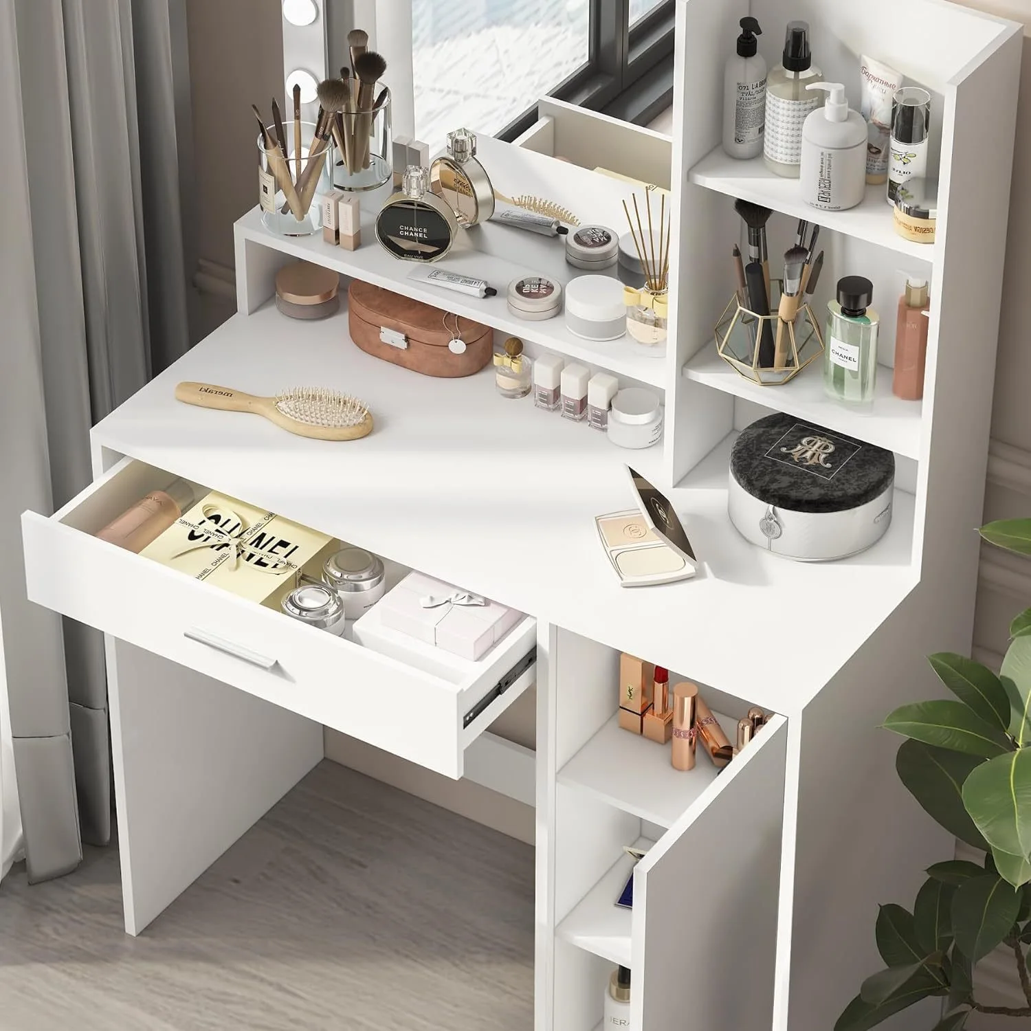 Modern home furniture wooden dressing table makeup designs mirror with drawer set modern white