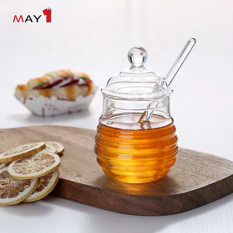 Food Grade Clear Round Shape Beehive Style Borosilicate Glass Honey Jar jam jar with Dipper with Lid