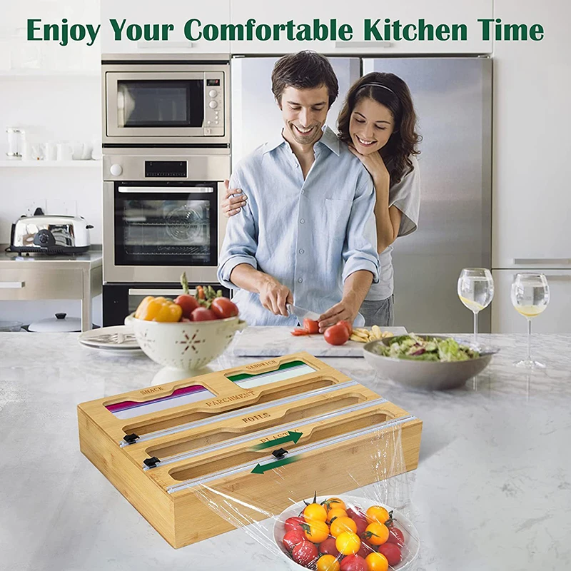 Customize kitchen Ziplock bag Tin foil finishing box multi-lattice wood plastic wrap cutting box bamboo plastic wrap storage bo